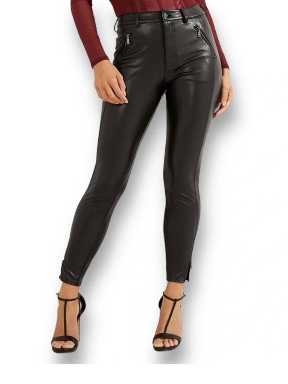 Guess Black Faux Leather Skinny Pants with Ankle Zips